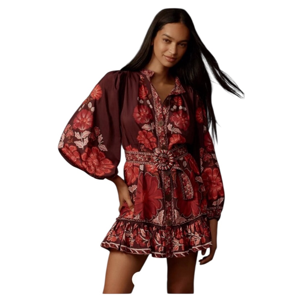 NWOT FARM Rio Burgundy and Red Floral Mini Dress